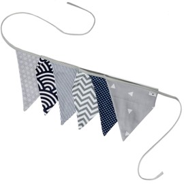 PREMYO Fabric Bunting Flags - Baby Shower Decorations Boys Nursery - Colourful Double Sided Banner Grey Blue