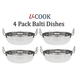 U COOK Balti Dish Set of 4. Stainless Steel Kadhai, Curry Bowel and Indian Cuisine Dishes. Multipurpose Indian Serving Karahi Restaurant Style Food Cooking and Serving Handled Dishes. (15cm x 4 Pack)
