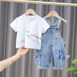 Khocadw Toddler Baby Boy Girl Clothes 2-Piece Set Infant Adjustable Straps Jeans Overalls +Letter Cartoon T-Shirt Outfits (01/Overalls+T-shirt, 120（43-46Inches Tall）)