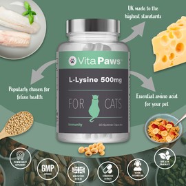 L-Lysine 500mg For Cats By VitaPaws™ | 90 Sprinkle Capsules | Popularly Chosen For Feline Immunity | Manufactured in the UK