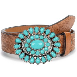 HinyBoeh Women's Western-Turquoise-Cowboy-Belt - Vintage-Embossed-Cowgirl-Waist-Belt with Turquoise-Buckle for 28-38''waist