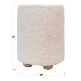 Bloomingville Round Cotton Sherpa Pine Wood Feet Pouf, Cream