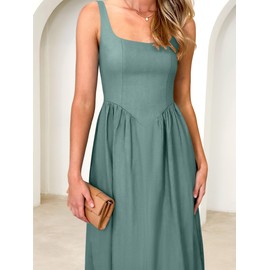 ANRABESS Sundresses for Women 2025 Summer Casual Sleeveless Square Neck Smocked Flowy Beach Vacation Midi Dress with Pockets Green