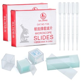 Pack of 100 Pre-Cleaned Microscope Slides with Ground Edge and 200 Pieces Pre-Cleaned Microscope Cover Glasses with 5 Plastic Droppers for Laboratory Biology Science Studies