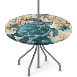 LOMBARDIDEN Round Fitted Tablecloth with Umbrella Hole Zipper - Ocean Sea Turtle Outdoor Table Cover with Elastic Edge - Waterproof Wipeable Table Cloth for Patio Picnic Party - 36"- 44"