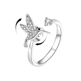 Cute Rotating Hummingbird Fidget Anxiety Open Ring Adjustable Crystal Spinner Stress Relief Stackable Rings Sterling Silver Plated Wedding Statement Jewelry Birthday Xmas Gifts for Women Daughter
