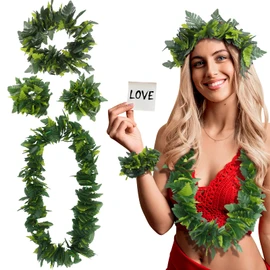 WOFASHPURET Green Hawaiian Party Garland - 4pcs Set Artificial Leaf Necklace Neck Loop Headband Bracelet for Wedding Wreath Tropical Beach Luau Party Favor Supplies