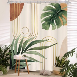 Glawry Abstract Extra Long Shower Curtain 72Wx84L Inches Tropical Leaf Mid Century Modern Geometric Contemporary Boho Bathroom Plant Botanical Bath Accessories Art Home Decor Fabric 12 Pack Hooks