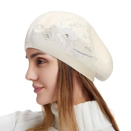 Flower Embroidery Beret Hat for Women, French Style Knitted Beret Hats, Stylish Solid Color Beret Cap for Women Girls Lady White