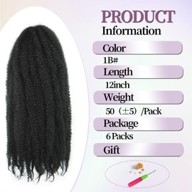 Marley Twist Braiding Hair Afro Twist Hair Kinky Curly Cuban Twist Hair Senegalese Twist Crochet Hair Marley Twist Hair Synthetic Crochet Braids Marley Hair Extensions (1b,12inch/6packs)