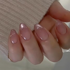 Pink Sparkly Press on Nails Short Almond Fake Nails Glitter Full Cover Gradient False Nail Holographic Gradient French Acrylic Stick on Nails Artificial Nails for Women Nails Decorations Manicure