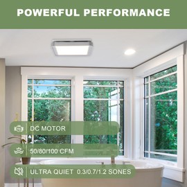 Akicon Bathroom Exhaust Fan with Light, 50-80-100 CFM DC Motor, 1.2 Sones Vent Fan, 3CCT LED Light 2700K/4000K/5500K with 7W Night Light Quiet Energy Saving Ceiling Fan, Sliver