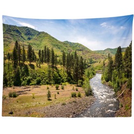 Loccor Mountain River Tapestry Summer Forest Trees Nature River Landscape National Park Scenic Wall Hanging Home Bedroom Living Room Decor W106 x H70 Inches