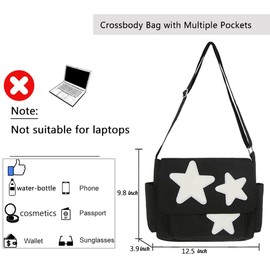 Inshere Cute Star Crossbody Bag, Aesthetic Y2K Kawaii Messenger Bag, Nylon Star Shoulder Bag Tote Bag for Women Men Teen Girls, Black nylon