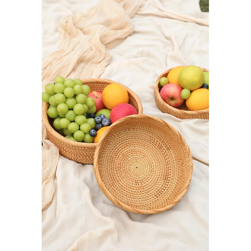 HITOMEN Handmade Rattan Bread Baskets Round Wicker Fruit Serving Storage