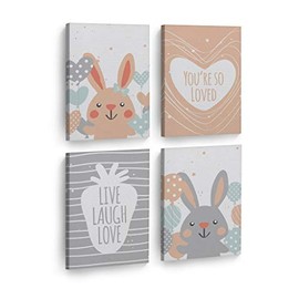 Smile Art Design Cute Gray and Pink Rabbit with Balloons and Lettering 4 Piece Canvas Print Set Kids Room Decor Wall Art Baby Boy and Girl Room Decor Ready to Hang Made in The USA (12x8) x4