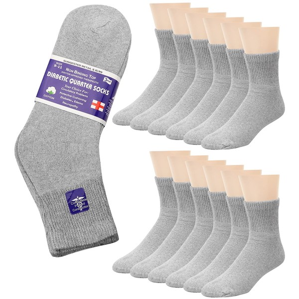 Falari 12-Pack Diabetic Socks Quarter Ankle Unisex Physicians Approved Socks (13-15, Gray)