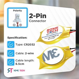 Rome Tech CR2032 CMOS Battery for HP EliteBook 2560p, 2570p, Folio 9480m, Envy m6-n010dx - Laptop Backup BIOS RTC 3V with 2 Wire Medium Cable Long Connector