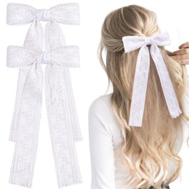 VOBOBE 2PCS Hair Bows for Women Girls, White Coquette Lace Bow Clips Silky Satin Hair Ribbons with Long Tail Hair Accessories for Wedding Birthday (White)