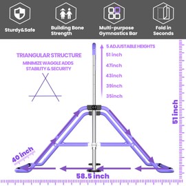 WATBKHE Gymnastics Bar for Kids Age 3-7 Years Old, Gymnastic Equipment for Kids Home, Adjustable & Folding Gymnastic Training Bar for Hanging, Pull Up, Tumbling Workout for Girls Boys (Purple)