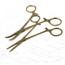 2 Pcs Multipurpose Mosquito Hemostat Locking Forceps with Curved + Straight Serrated Jaws Comes in Full Gold Colour 5" Long Stainless Steel Pliers Used for Holding Objects, Pet Grooming, Fishing + More