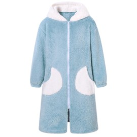 Funnycokid Robes for Girls Bathrobes Size 9 10 Solid Color Kids Fleece Bath Robe Blue Long Sleeve Zip Hooded Plush Pajamas Sleepwear