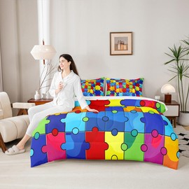 Erosebridal Jigsaw Puzzle 7 Piece Comforter Set Full Bed in a Bag,3D Building Blocks Bedding Sets,Colorful Sheet Set with Comforter Kids Boys Bricks Rainbow Gradient Room Decor,Red Blue Teal Yellow