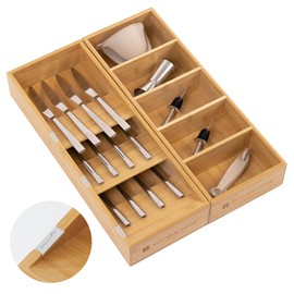 KitchenEdge Premium Silverware and Utensil Drawer Organizers – Slanted 3-Compartment and 5-Compartment Design, Labeled Slots, Non-Slip Feet, 100% Sustainable Bamboo, 2 Pack