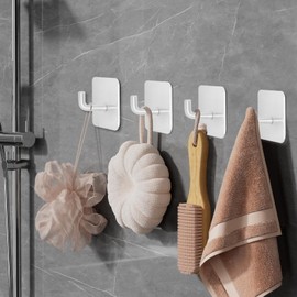 LACHILL Adhesive Hooks for Bathrooms, 4 Piece Towel Hooks for Hanging Hat Robe Coat, Stick on Hooks for Kitchens, Strong Self-Adhesive No Damage Waterproof Stainless Steel Sticky Hook (White)