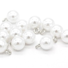 USOSOU 50 botones redondos de perlas de plástico de 10 mm, con vástago, para costura, vestido de boda, camisa, decoraciones hechas a mano (blanco)