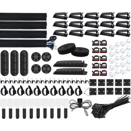 SOULWIT 200PCS Kit de organización de cables,4 fundas para cables,37 clips,7 soportes para cables,10 soportes para bridas,20 clavos para clips,100 bridas para cables,20+2 rollos de bridas(Negro)