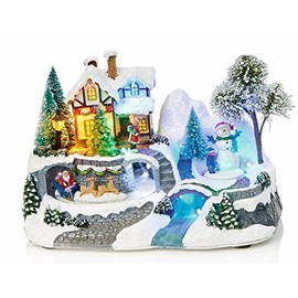 Large LED Light Up Christmas Animated Traditional Village Snow Scene with Three Rotating Turntables