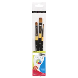 Daler-Rowney System3 Acrylic Brush, Synthetic Hair, Short Handle, Round, Short Flat and Filbert, , Wallet, Set 300, 3 Assorted brushes