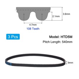 sourcing map 3pcs HTD-5M Rubber Timing Belt 108 Teeth, 540mm Pitch Length x 9mm Width x 3.6mm Height, Closed Loop Pulley Timing Belt