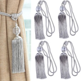 DARENYI 4 Pcs Curtains Tieback Tassel Curtain Tiebacks Rope Silver Curtain Holdback Braided Tie Backs Curtain Holder for Living Room Bedroom Decorative Drapery