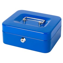 Small Cash Box with Money Tray and Lock, Lovndi Metal Money Box for Cash, Lockbox 7.87 x 6.3 x 3.54 Inches, Blue
