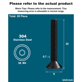 Drenky M4 x 35 mm Countersunk Screws Stainless Steel V2A VA A2 Allen Screw DIN 7991 / ISO 10642 Countersunk Screws Rustproof Machine Screws Metric Standard Thread Black Pack of 50