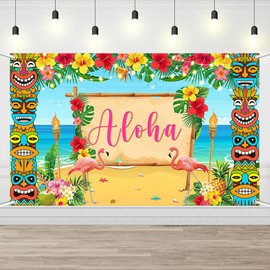 AIBIIN Hawaiian Luau Party Decorations Hawaiian Aloha Backdrop Summer Luau Beach Banner Tropical Party Supplies for Birthday Baby Shower Tropical Tiki Themed Photo Props Supplies 6x3.6ft