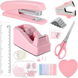Mini Office Supply Kit, Mini Desktop Office Stationery Includes Stapler, mini Stapler, Nail Starter, Paper Clips, Dovetail Clips, Tape Cutter, Sticky Notes, Scissors (Pink)