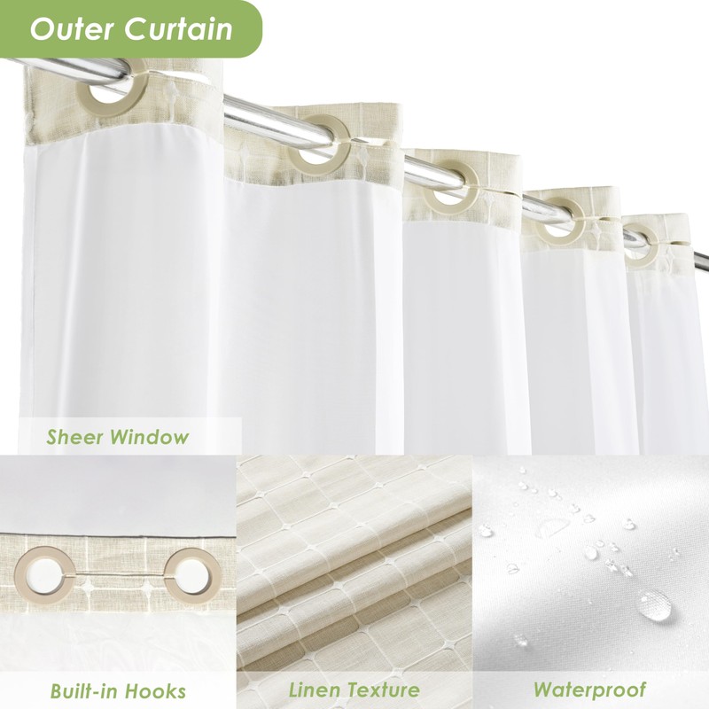 Nesphy No Hook Shower Curtain with Snap in Liner, Beige