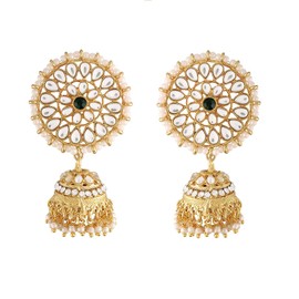 I Jewels Gold Plated Indian Wedding Bollywood With Stunning Antique Finish Kundan & Pearl Jhumka Earrings for Women (E3091) (Green)