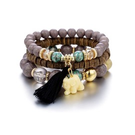 Pingyongchang Elephant Bead Stretch Bracelet Boho Multilayer Adjustable Wooden Bead Tassel Womens Strand Bracelet Bangle Charm Jewelry Set Best Friend Gift (black)
