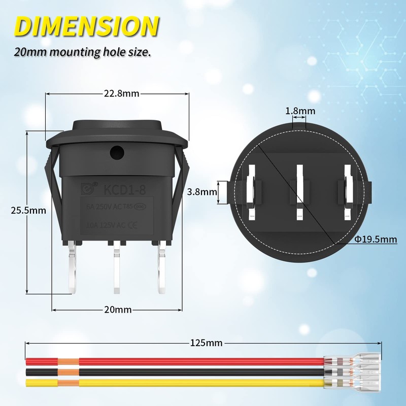Joinfworld 3 Way Round Rocker Switch 12V, Waterproof 3 Pin