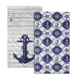 Nautical Sea Anchor Hand Towel Navy Blue Ship Boat Face Towel Set of 2, for Bathroom Kitchen Adult Man, Labor Day Columbus Day Gift