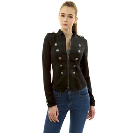 AmélieBoutik Women Zip Front Stand Collar Military Light Jacket (Black X-Large)