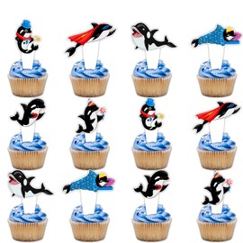 24pcs Cute Blue Whale Dessert Cupcake Topper Ocean Animal Under the Sea Creature Theme Decor Baby Shower for Boys Girls Favour Supplies Happy Birthday Party Decorations set