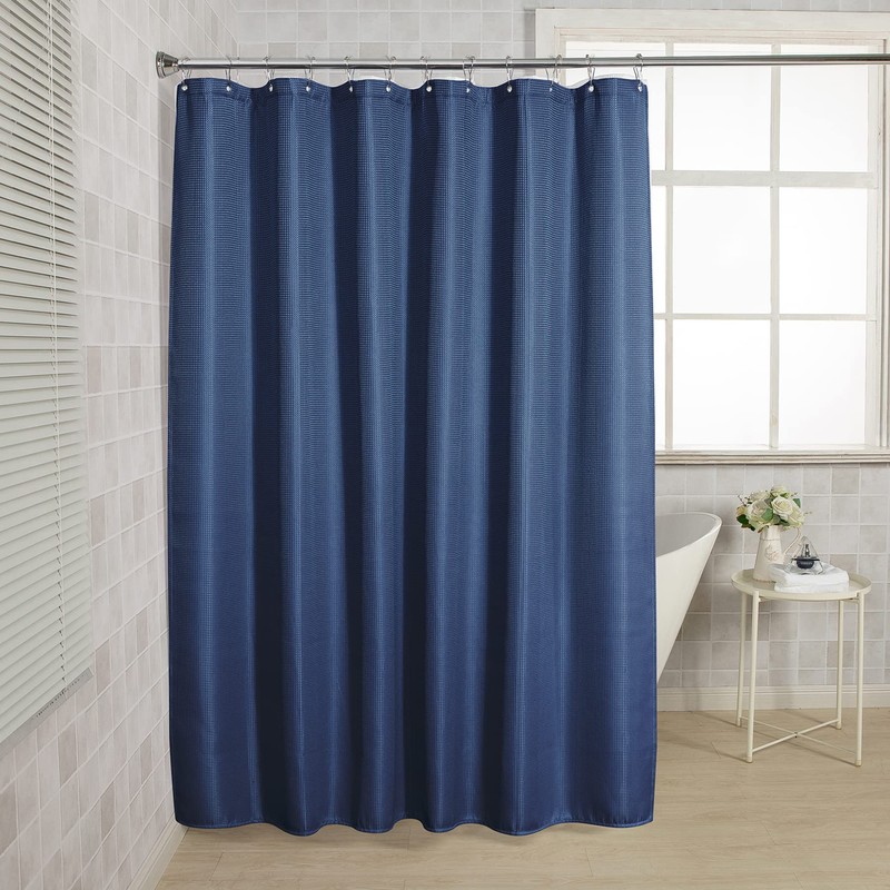 AmazerBath Waffle Shower Curtain, Navy Blue Fabric Shower Curtain with