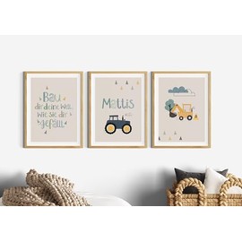 Kinderzimmer Bilder Junge, Wanddeko mit einem Traktor, Kinderspruch, Bagger als 3er Set ohne Rahmen (Beige, DIN A3 (29,7 √ó 42 cm))