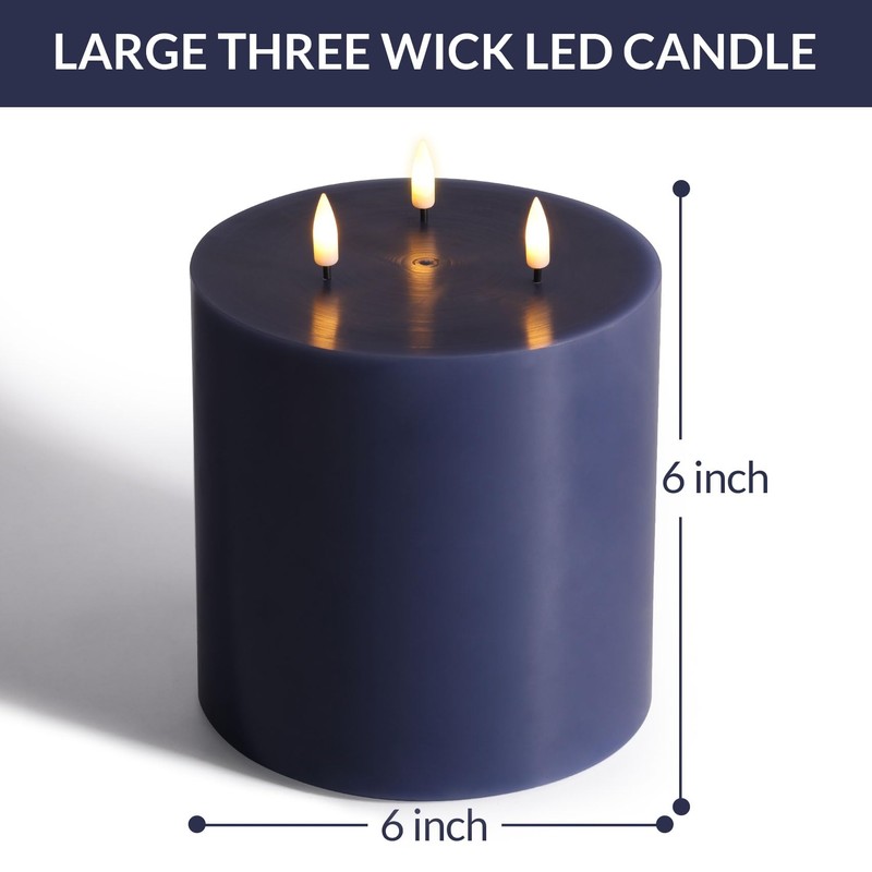 Eywamage Navy Blue 3 Wick Flameless Pillar Candle Φ 6"