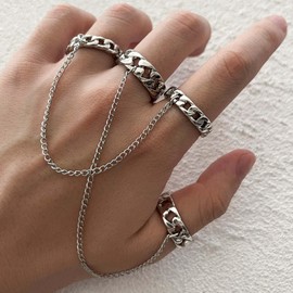 Wendalern Punk Chain Finger Rings Silver Cuban Link Chain Rings Stackable Ankle Rings with Tassel Chain Vintage Midi Index Finger Rings Statement Jewellery for Women and Girls, Non-precious metal, No
